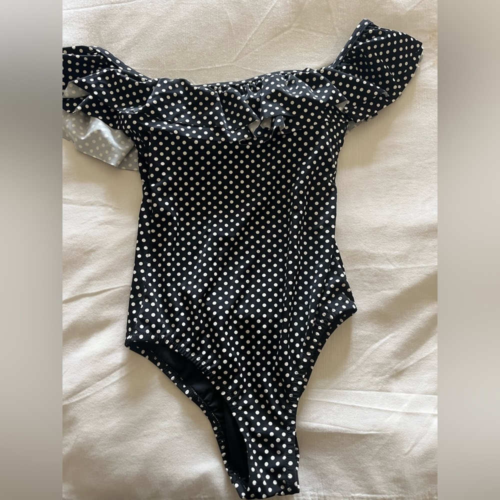 J. Crew Black and White Polka-Dot Off-Shoulder One-Piece Swim